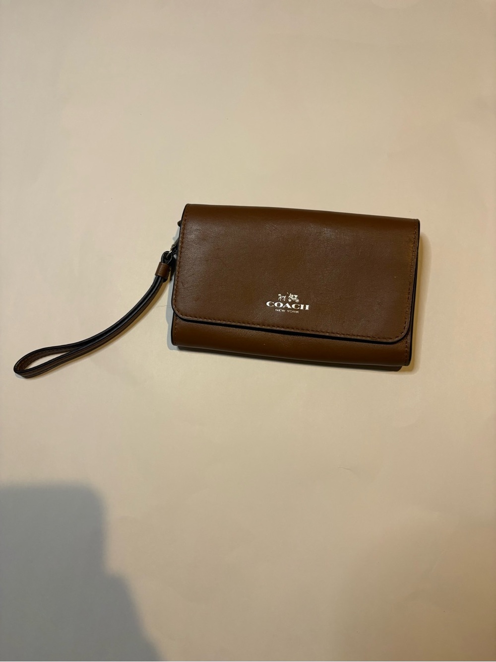Coach Brown Leather Wristlet Clutch with Silver Logo